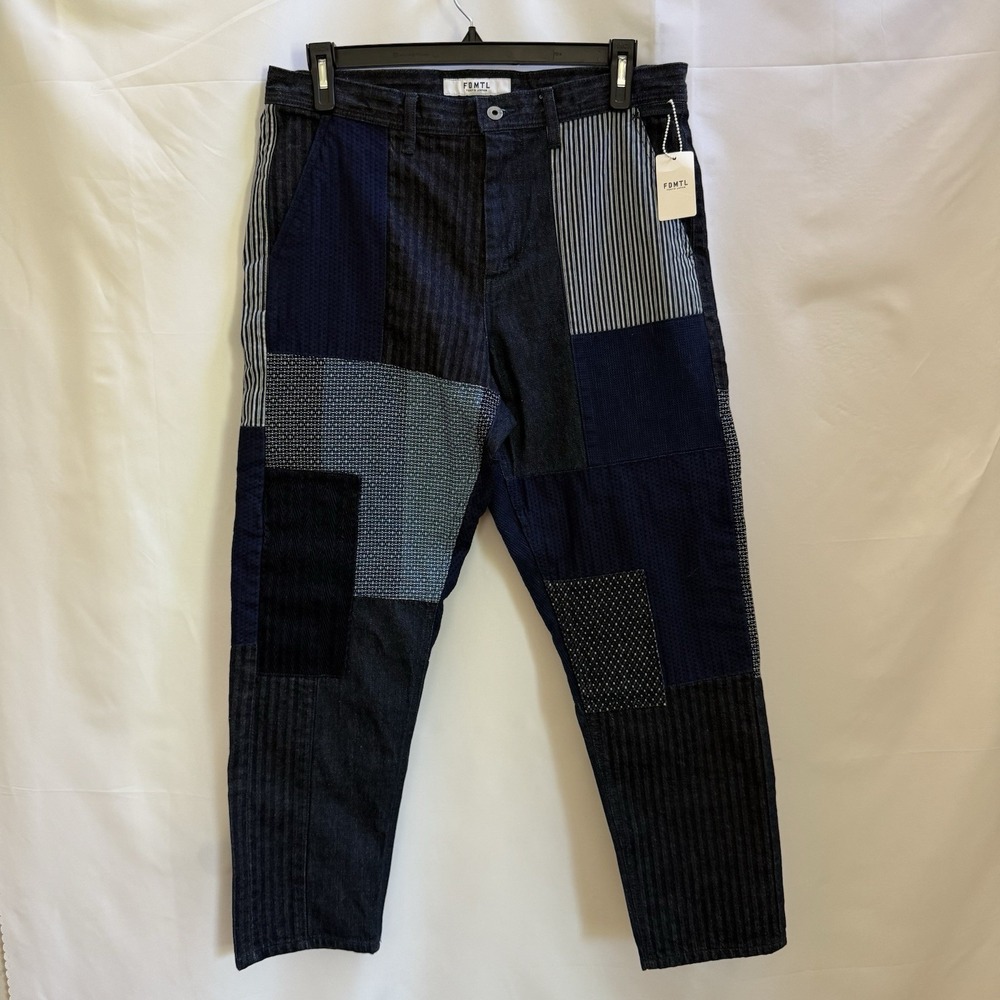 NWT FDMTL Made In Japan Indigo Blue Patchwork Straight Leg Jeans Pants Size 32